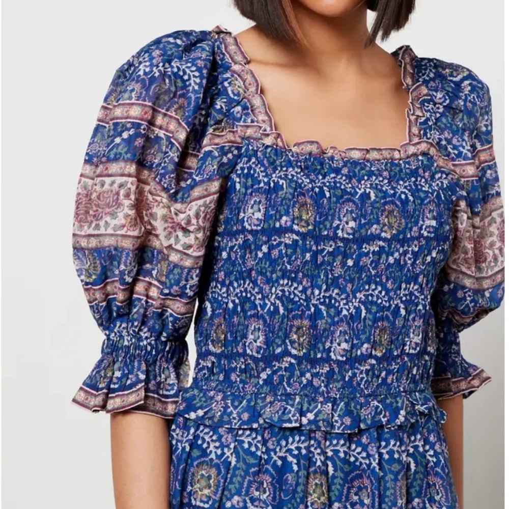 Sea Rosita Smocked Puff-Sleeve Midi-Dress in a blue floral pattern | XS - Picture 2 of 8